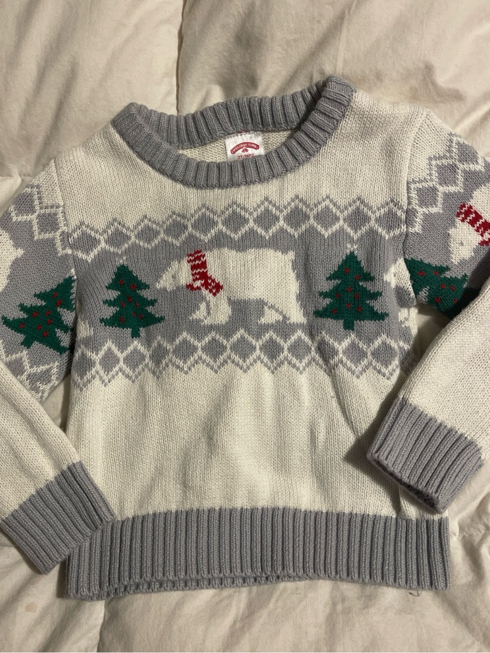 Holiday Time Polar Bear Fair Isle Crewneck Sweater - Gray, White & Green